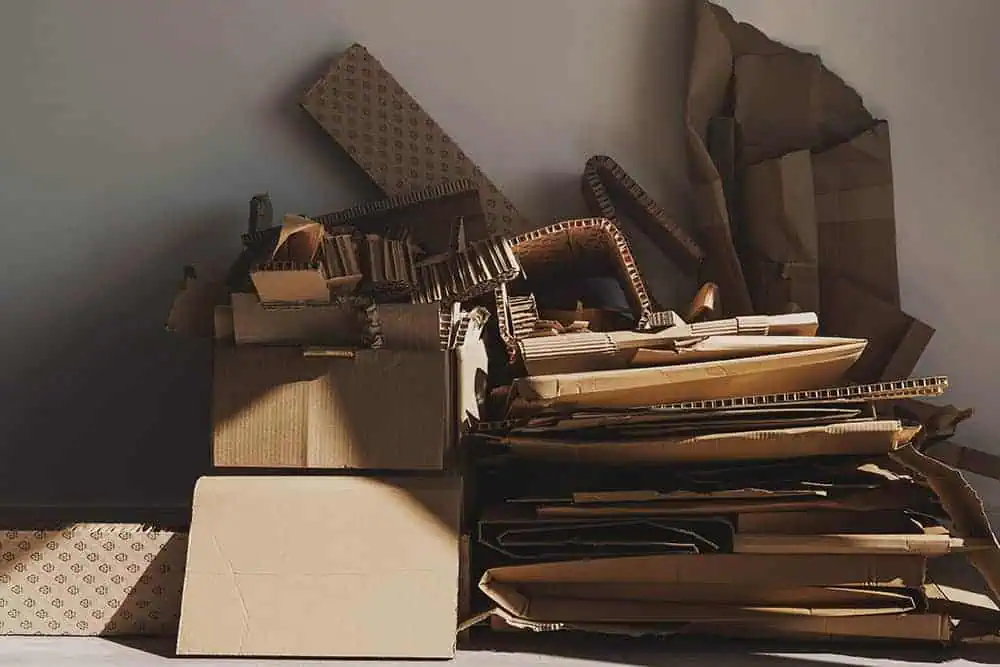 Stack of flattened cardboard boxes and packaging materials piled in a corner.